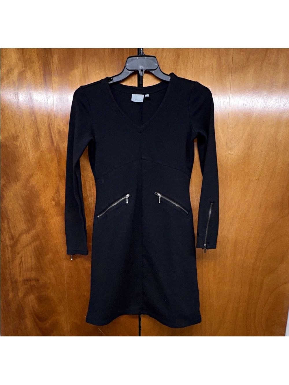 Athleta Black Celebration Ponte Knit V-Neck Long Sleeve Dress with Zipper Pocket
